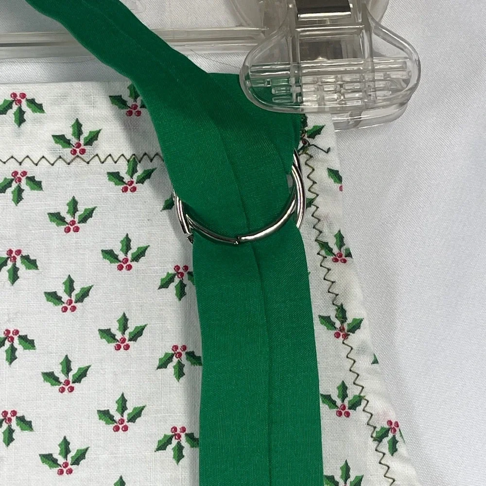 Vintage Handmade Christmas Holly Berry Bib Apron Green Ties Pocket White Cotton